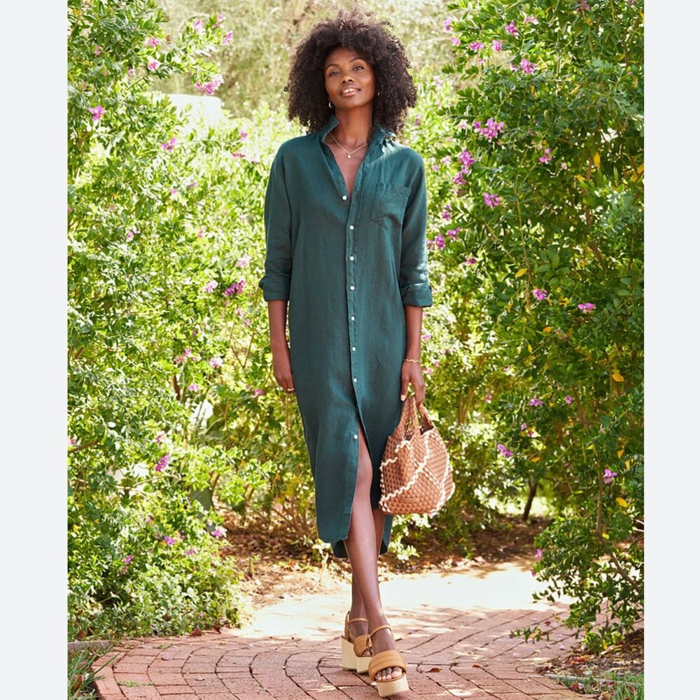 Frank & Eileen Rory Long Sleeve washed linen Shirtdress dress Size: S Forest